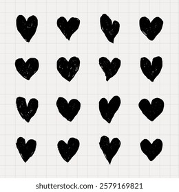 Grid of hand-drawn black hearts on white background. Repeated heart pattern. Simple heart design. Black hearts in a grid layout. Minimalist heart art. Hand drawn Valentine's Day vector set.