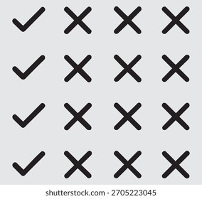Una cuadrícula de marcas de verificación y cruces dibujadas a mano sobre un fondo gris claro, que representa una decisión o evaluación simple.