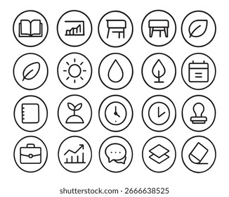 Uma grade de ícones circulares desenhados à mão, apresentando elementos como livros, gráficos, folhas e relógios, sugerindo temas de negócios e da vida diária.