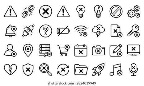 A grid of hand-drawn icons depicting various error messages, warnings, and system alerts with a simple black and white aesthetic.