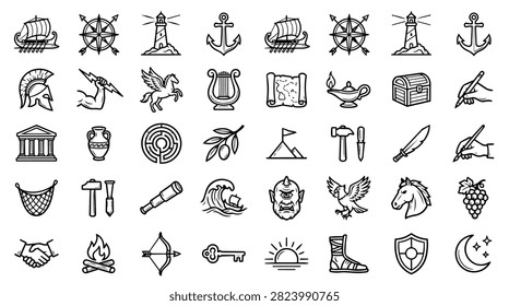 A grid of hand-drawn icons representing ancient Greek mythology, seafaring, and historical elements.