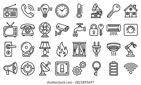 A grid of hand-drawn icons representing different technologies and home appliances, including communication, security, and comfort devices.