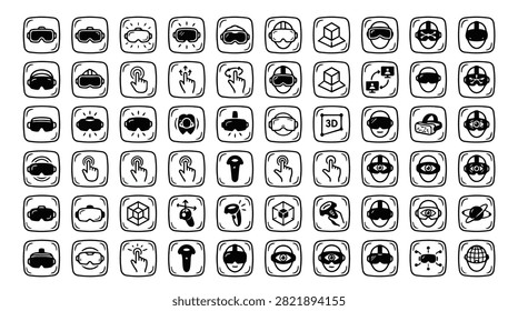 A grid of hand-drawn icons representing virtual reality headsets and related technology elements