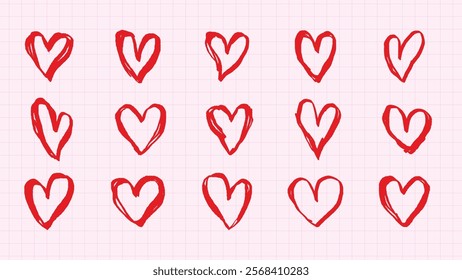 Grid of hand-drawn red hearts on a white background. Sketchy hearts in various styles. Red hearts, hand-drawn, sketched hearts, white grid background. Cute hand drawn Valentine's Day vector set.