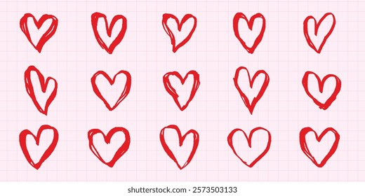 Grid of hand-drawn red hearts on graph paper. Red hearts vary in shape and size. Simple, playful red hearts create a charming, artistic pattern. Cute hand drawn Valentine's Day vector set.