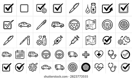 A grid of hand-drawn style outline icons including checkmarks cars medical symbols and steering wheels
