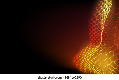 Grid honeycomb network concept red orange vector illustration. Futuristic technology hexagon ripple plane perspective wide angle. 3d landscape. digital concept background.
