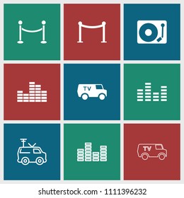 Grid icon. collection of 9 grid filled and outline icons such as red carpet barrier, equalizer, tv van. editable grid icons for web and mobile.