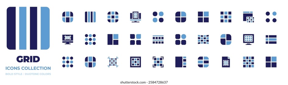 Grid icon collection. Bold style. Duotone colors. menu, category, grid, circle grid, layout.