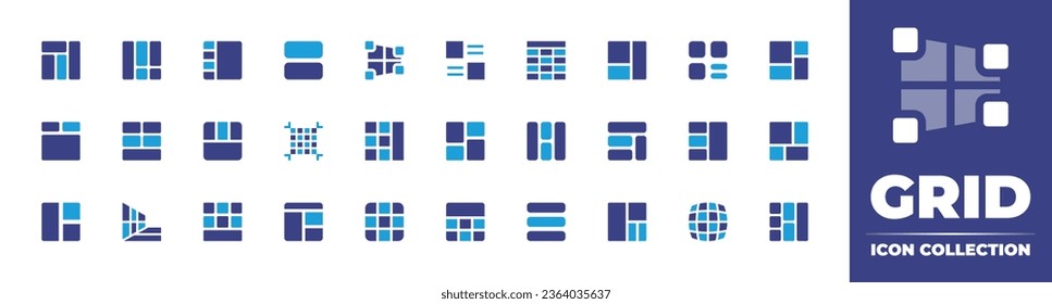 Grid icon collection. Duotone color. Vector illustration. Containing layout, grid, projection, table, menu, right, horizontal bars, blocking, list, body, bar, slider navigation, perspective.