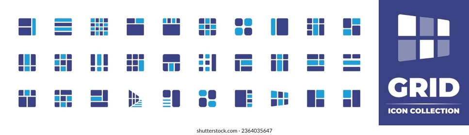 Grid icon collection. Duotone color. Vector illustration. Containing layout, grid, list, content, bars, left, sidebar, design, footer, sections, perspective.