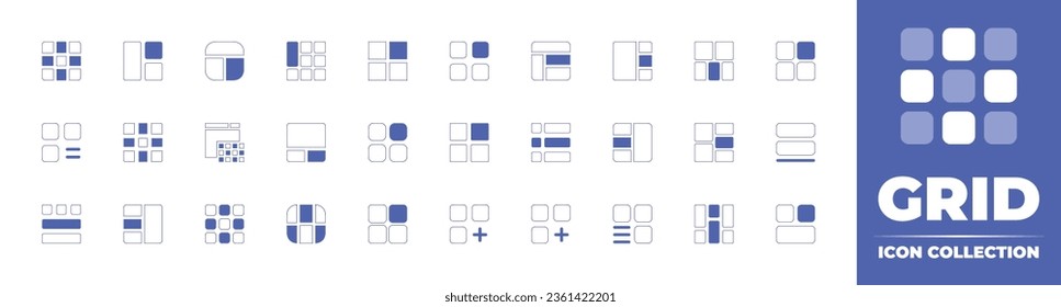 Grid icon collection. Duotone style line stroke and bold. Vector illustration. Containing list, layout, element, blocks, grid, menu, design, masonry, category, thumbnails, grid lines, and more.