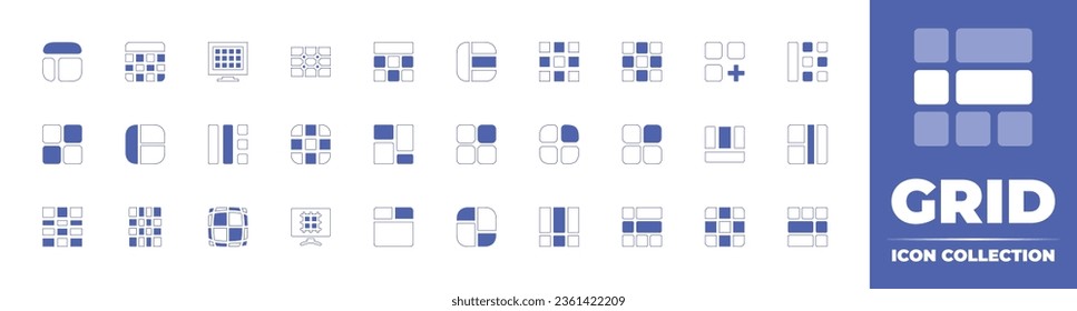Grid icon collection. Duotone style line stroke and bold. Vector illustration. Containing grid, menu, pattern, layout, blocks, table, news, sections, grid lines, and more.