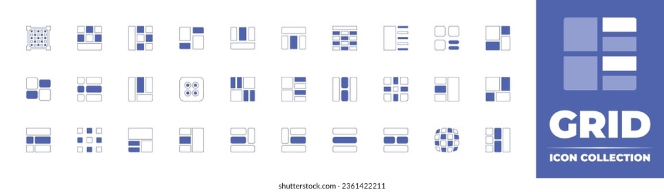 Grid icon collection. Duotone style line stroke and bold. Vector illustration. Containing projection, table, feed, design, layout, menu, right, listing, apps, horizontal bars, prototype, and more.