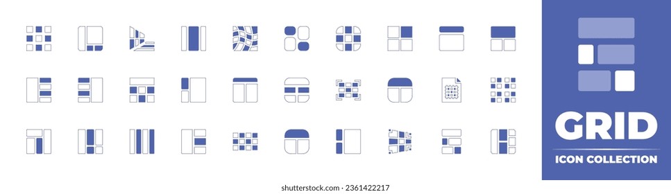 Colección de iconos de cuadrícula. Curso de línea de estilo duotónico y negrita. Ilustración vectorial. Contiene menú, cuadrícula, disposición, bloqueo, lista, sándwich, patrón, perspectiva, barra lateral y más.