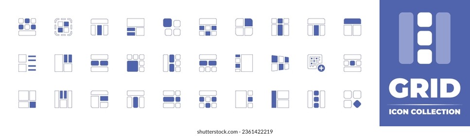 Grid icon collection. Duotone style line stroke and bold. Vector illustration. Containing grid, menu, table, layout, page layout, detail, list, perspective, prototype, and more.