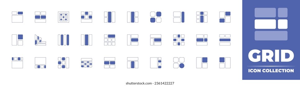Grid icon collection. Duotone style line stroke and bold. Vector illustration. Containing layout, grid, mesh, table, right, left, list, content, pattern, center, sidebar, design, body, bar, and more.