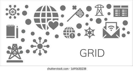 grid icon set. 11 filled grid icons.  Simple modern icons such as: Network, Earth grid, Sketchbook, Electric tower, Graphene, Butterfly net, Networking, Feed, Timetable