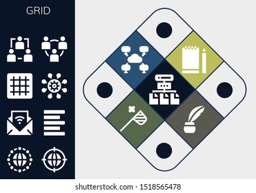 grid icon set. 13 filled grid icons.  Collection Of - Network, Earth grid, Feed, Left alignment, Sketchbook, Butterfly net, Inkwell icons