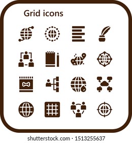 grid icon set. 16 filled grid icons.  Simple modern icons about  - Earth grid, Network, Left alignment, Inkwell, Sketchbook, Feed