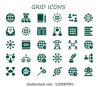  grid icon set. 30 filled grid icons. Simple modern icons about  - Earth grid, Network, Sketchbook, Feed, Timetable, Grid, Left alignment, Networking, Electric tower, Inkwell