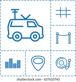 Grid icon. set of 6 grid outline icons such as red carpet barrier, tv van, guitar mediator, gramophone, equalizer