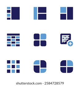 Grid icon set. Bold style. Duotone colors. grid, table, layout.