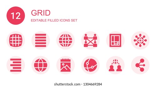 grid icon set. Collection of 12 filled grid icons included Grid, Justify, Earth Network, Mondrian, Align right, Sketchbook, Networking