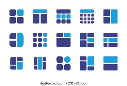 Grid icon set. Duotone color. Vector illustration. Containing visualization, headers, blocks, table, layout, menu, grid lines, design, listing, grid.