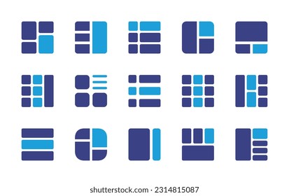 Grid icon set. Duotone color. Vector illustration. Containing layout, grid lines, list, content design, grid, site map, bottom view.