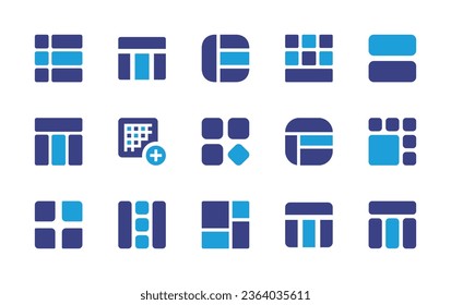Grid icon set. Duotone color. Vector illustration. Containing layout, grid, list, table, grid lines, menu, header.
