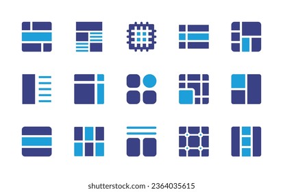 Grid icon set. Duotone color. Vector illustration. Containing list, grid, layout, guide book, menu, grid on, table, row.