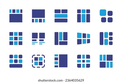 Symbol-Set für Gitter. Duotonfarbe. Vektorgrafik. Enthält Menü, Layout, Boxen, Header, Liste, Perspektive, Bilder, Raster, Feed.