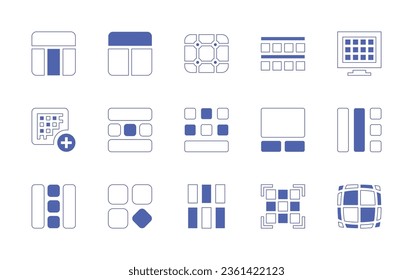 Conjunto de iconos de cuadrícula. Curso de línea de estilo duotónico y negrita. Ilustración vectorial. Contiene cuadrícula, tabla, disposición, menú.