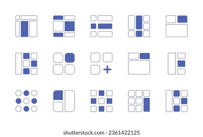 Conjunto de iconos de cuadrícula. Curso de línea de estilo duotónico y negrita. Ilustración vectorial. Contiene lista, cuadrícula, alineación inferior, disposición, menú, elemento, izquierda, secciones, contenido.