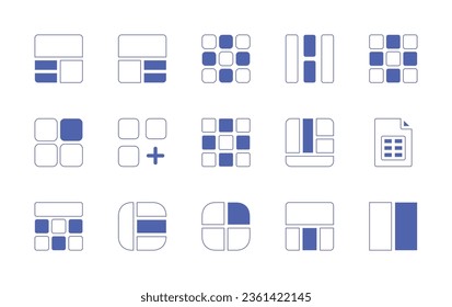 Grid icon set. Duotone style line stroke and bold. Vector illustration. Containing category, grid, blocks, layout, grid lines, sheet, menu.