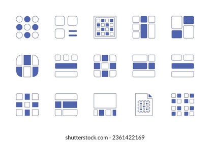 Grid icon set. Duotone style line stroke and bold. Vector illustration. Containing layout, grid, thumbnails, circle grid, mesh, list, content, listing.