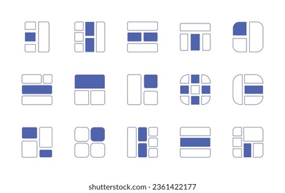 Symbol-Set für Gitter. Duotone Stil Linie Strich und fett. Vektorgrafik. Enthält unten, Layout, Tabelle, Rasterlinien, Gitter, Nachrichten, Sitemap.