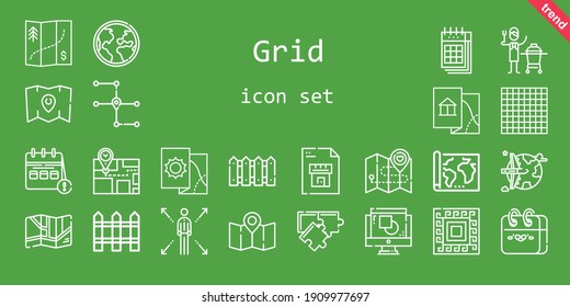 conjunto de iconos de cuadrícula. estilo de icono de línea. iconos relacionados con la rejilla como el plano, calendario, cerámica, globo, rompecabezas, tic tac pies, patrón, a nivel mundial, diseño gráfico, mapa, valla, red