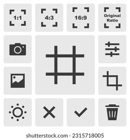 Grid icon vector design. Simple set of smartphone camera app icons silhouette, solid black icon. Phone application icons concept. Grid, crop, ratio, camera, adjust, gallery, delete icons buttons