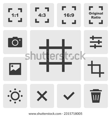 Grid icon vector design. Simple set of smartphone camera app icons silhouette, solid black icon. Phone application icons concept. Grid, crop, ratio, camera, adjust, gallery, delete icons buttons