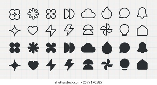 Grid of icons: flowers, clouds, hearts, lightning, bells. Icons in black and white. Simple, minimalistic design. Icons include flowers, clouds, hearts. User interface icons, UI icon vector set.