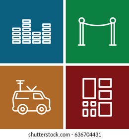 Grid icons set. set of 4 grid outline icons such as red carpet barrier, tv van, equalizer