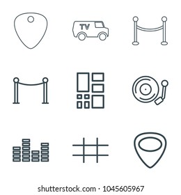Grid icons. set of 9 editable outline grid icons such as red carpet barrier, guitar mediator, gramophone, equalizer, grid