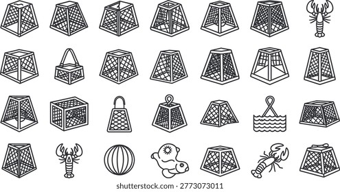 A grid of isometric line on a white background. The depict various lobster traps, lobsters, a beach ball, and a water