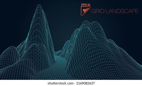 Grid landscape. Frame landscape. Abstract dark background with digital grid. Polygonal map of the arena. Cyberspace. 3d vector illustration