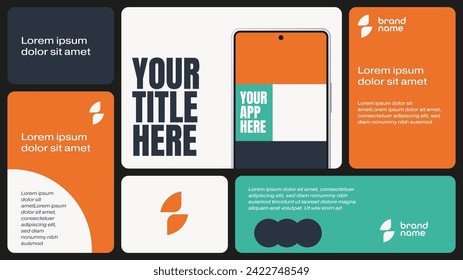 Grid layout app presentation template with smartphone screen. Marketing material for social media, advertisement, infographics. Vector illustration.