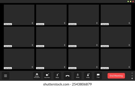 Um layout de grade exibe vários quadrados de participantes vazios, cada um marcado com um nome de usuário. A ausência de rostos evoca sentimentos de isolamento em uma era digital.