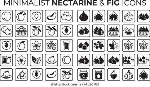 Grid layout featuring various icons of nectarines and figs inside square frames including whole fruits slices baskets and leaves for modern food and beverage design projects.