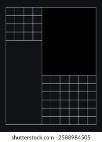 Grid layout with multiple squares and rectangles on a dark background. Geometric grid design with varied grid patterns and grid shapes. Minimalist structure. Frame vector with copy space.